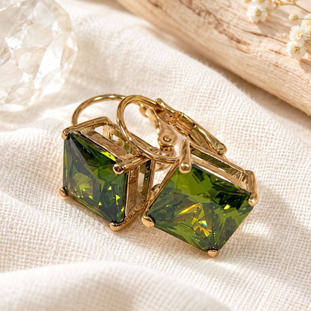 Fall Olive Forest Green Cubic Zirconia Gold Tone Leverback Earrings Boxed CBC